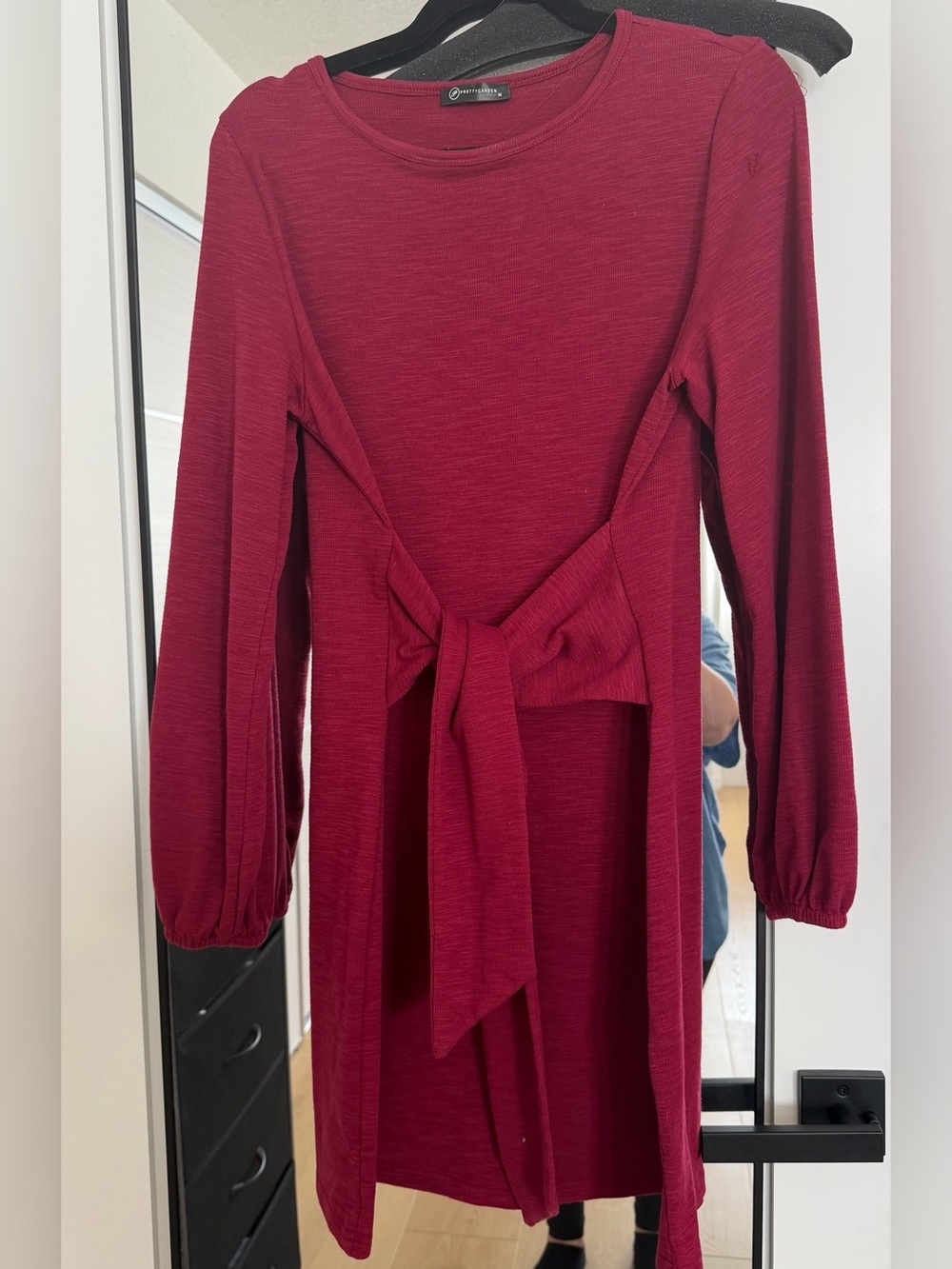 Long Sleeve Tie-Front Midi Dress in Wine Red